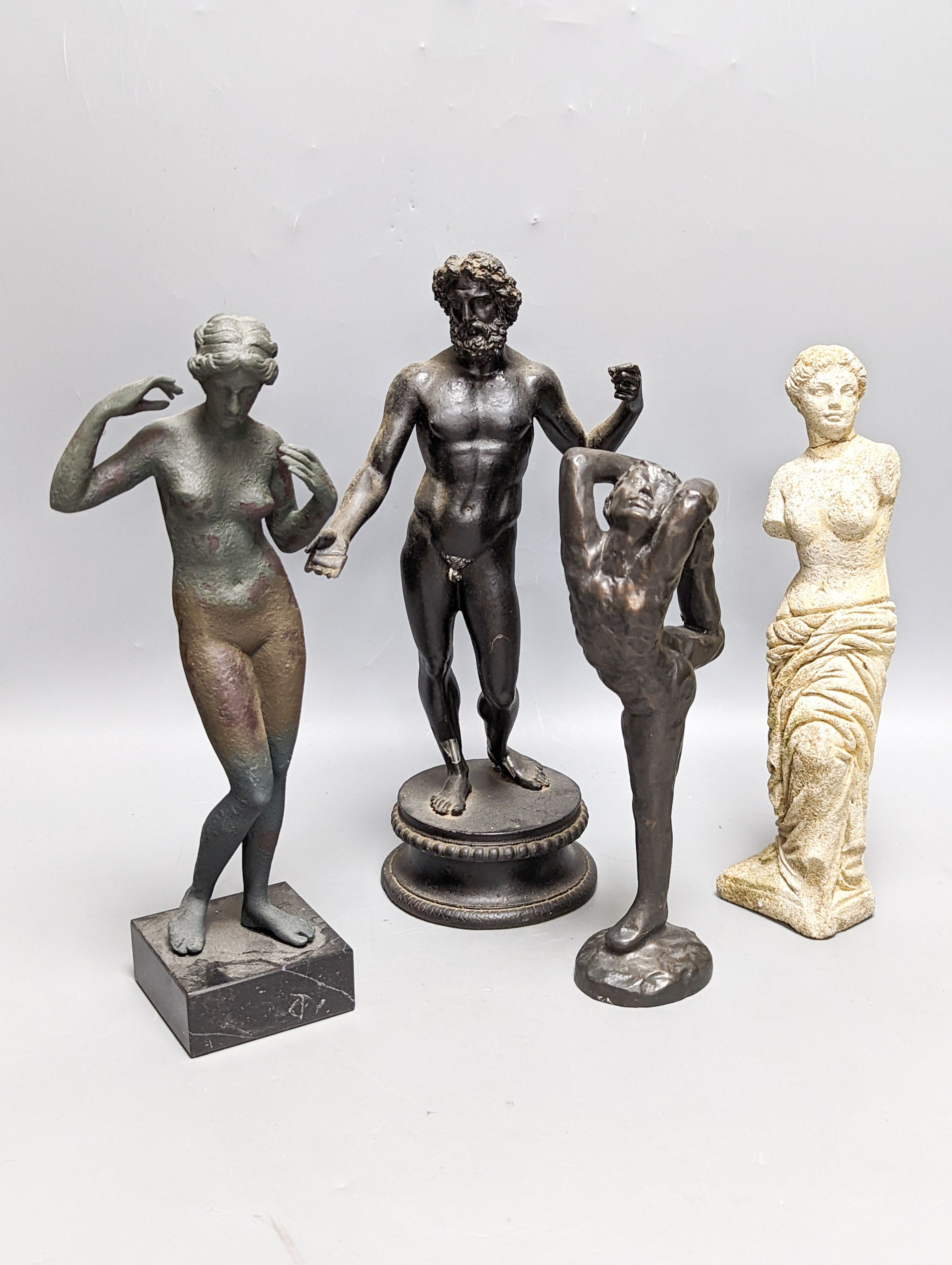 A reproduction composition classical female nude figure, together with three similar figures, 30cm